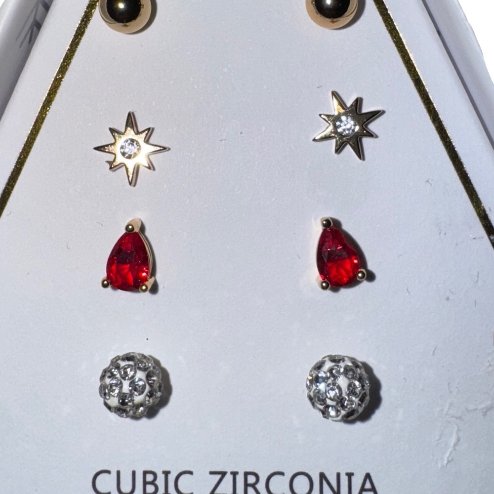 Gold and Red Cubic Zirconia Earrings Set 18K Gold Over Brass